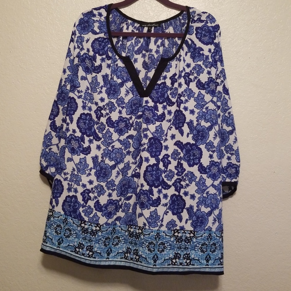 Ava Christine Blue Floral Shirt Blouse 3/4 sleeves